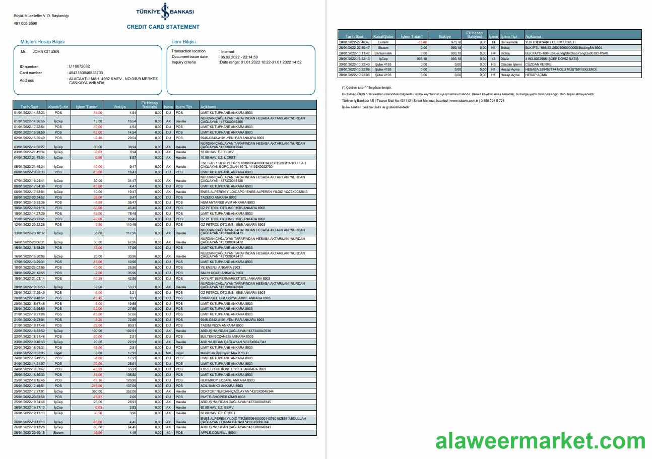 Turkey Bankasi bank statement 2 pages
